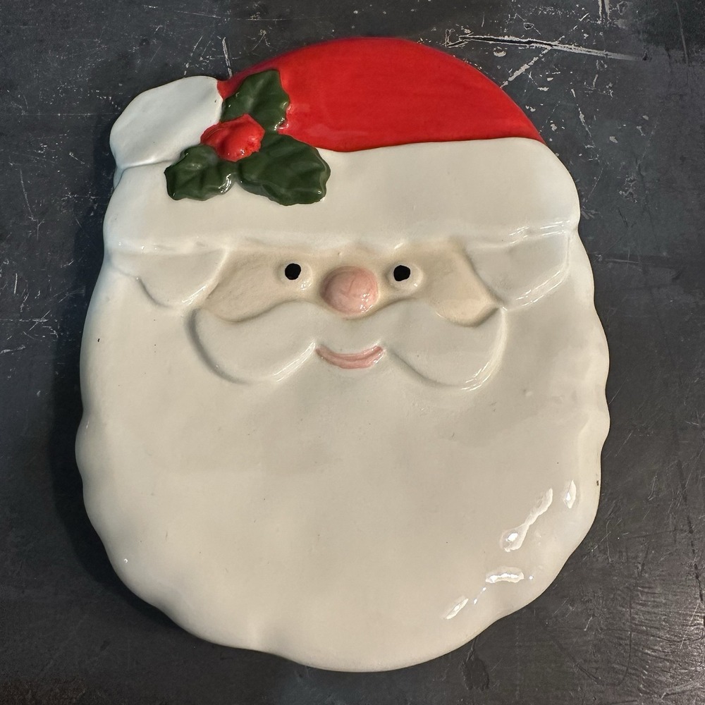 Vintage Glossy Ceramic Santa Face Wall Hanging Christmas 6"
